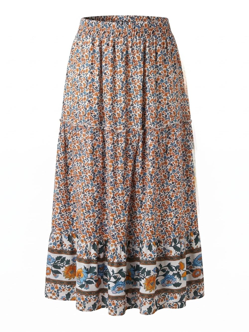 Floral Boho Tiered Maxi Skirt with Elastic Waist and Pockets, Small - Picture 2 of 8